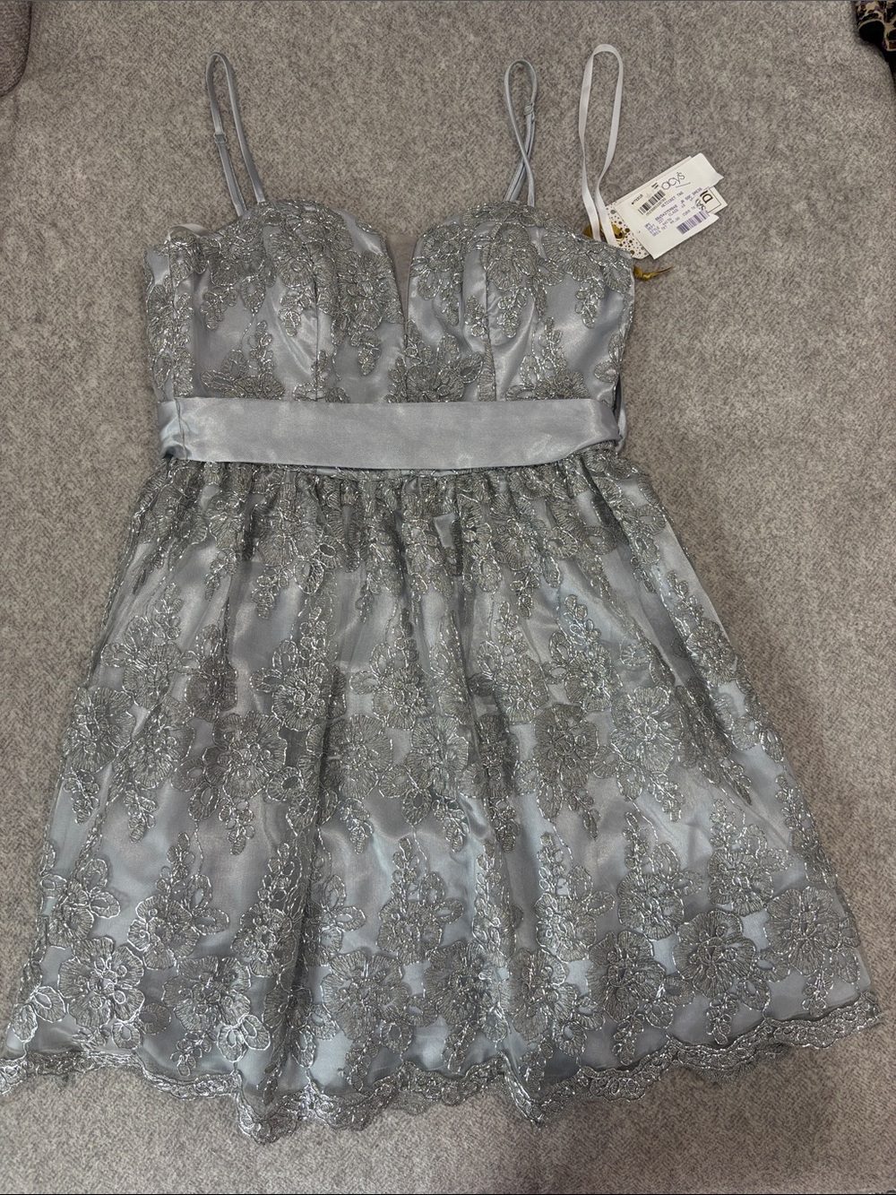 SAY YES TO THE DRESS Silver Lace Party Dress with Spaghetti Straps
